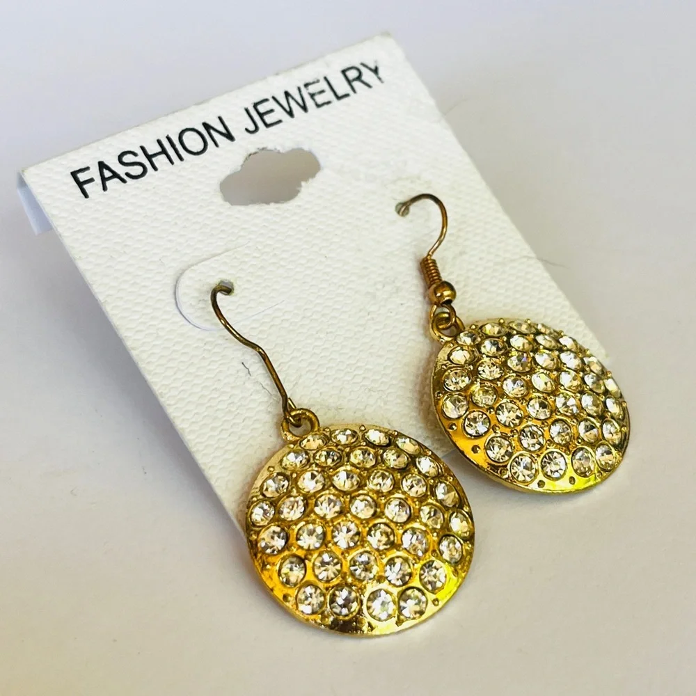 NEW Gold Tone Rhinestone Embedded Circle Dangle Earrings Fashion Jewelry NWT - Picture 4 of 4